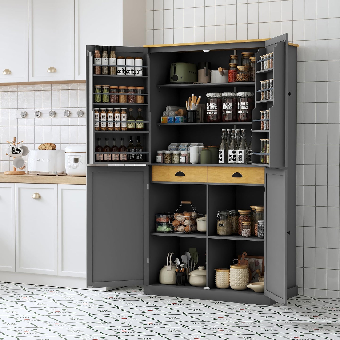 Merax 71.3" Tall Kitchen Storage Cabinet Pantry Wood Freestanding Large Cupboard with 2 Drawers,2 Adjustable Shelves,8 Door-Shelf for Dining Room,Grey