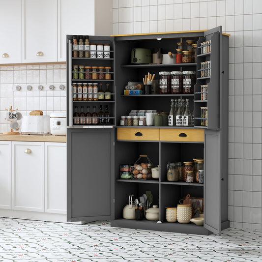 Merax 71.3" Tall Kitchen Storage Cabinet Pantry Wood Freestanding Large Cupboard with 2 Drawers,2 Adjustable Shelves,8 Door-Shelf for Dining Room,Grey