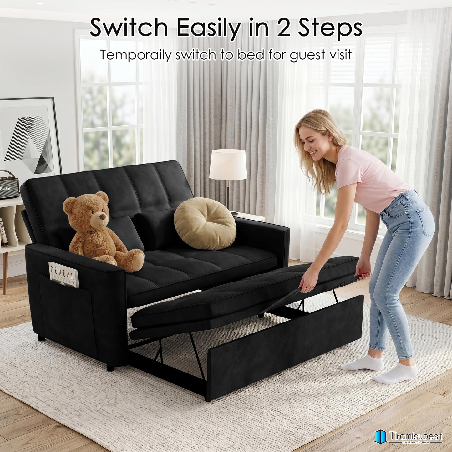 tiramisubest 54'' Sleeper Sofa Bed, Convertible Pull Out Couch Futon for for Living Room,Apartment (Black, Loveseat) Side Pockets, Velvet Fabric, Adjustable Backrest, Pull-Out Bed, Easy Assembly