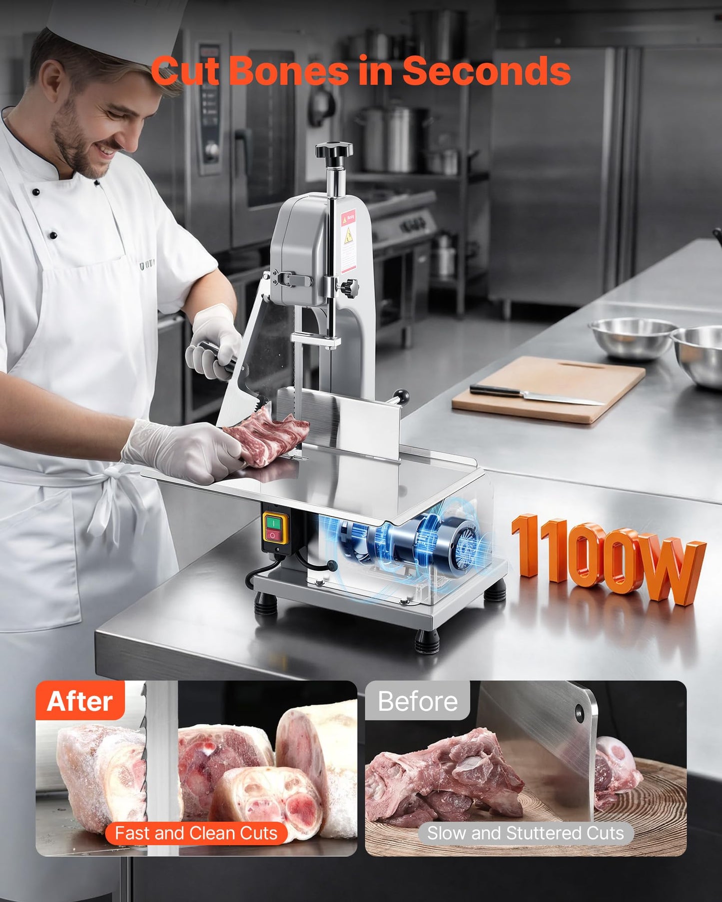VEVOR Commercial Electric Meat Bandsaw, 1100W Bone Sawing Machine with 12.4" x 18.1" Workbench, 0-4.3" Cutting Thickness, 7 Extra Replacement Blades, for Cutting Bone, Frozen Meat, Pork, Beef & Ribs
