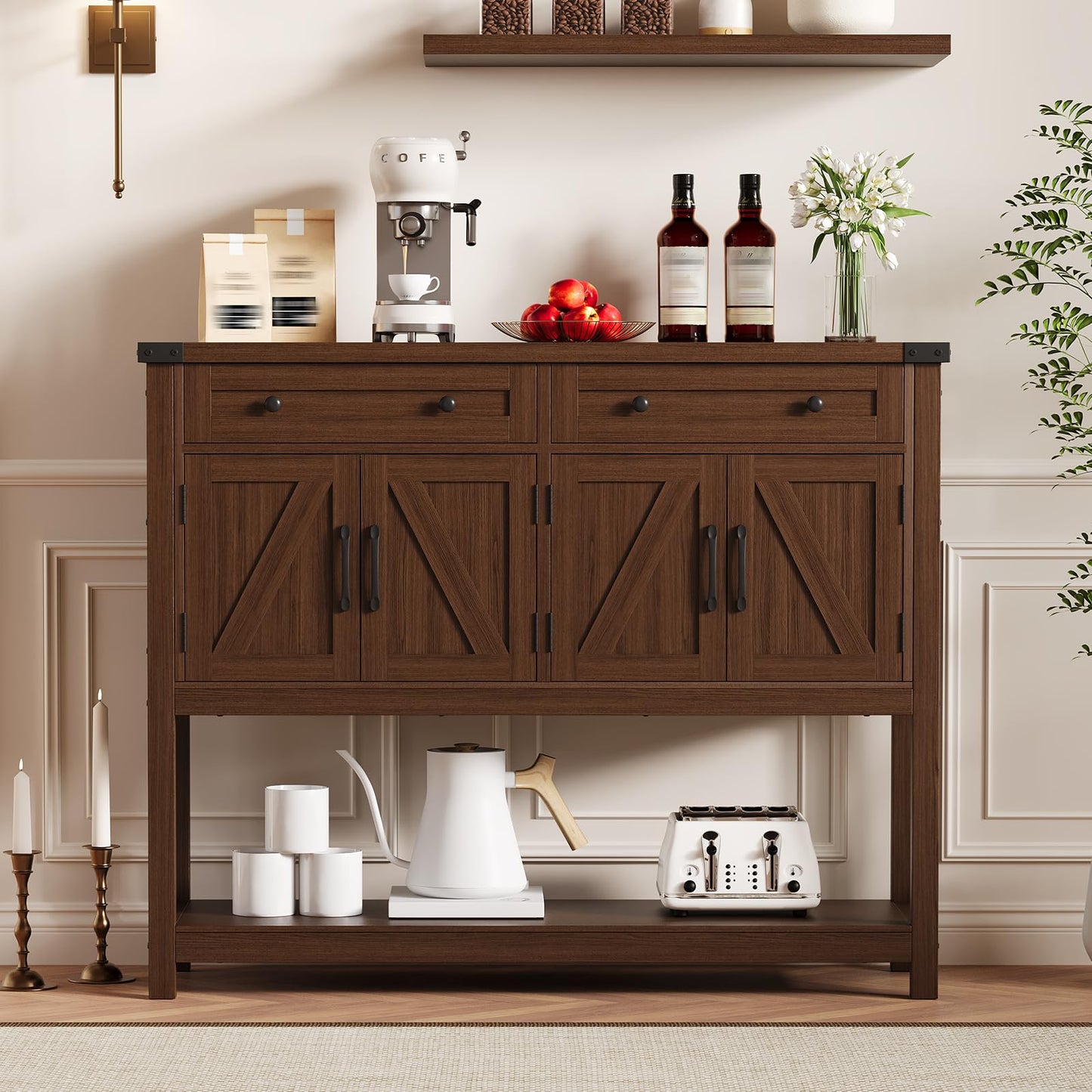 PeacefulHues 47.2inch Large Sideboard Buffet Cabinet, Farmhouse Coffee Bar Cupboard Cabinet Storage, Wood Console Table with 2 Drawers for Kitchen Dining Living Room Entryway, Brown