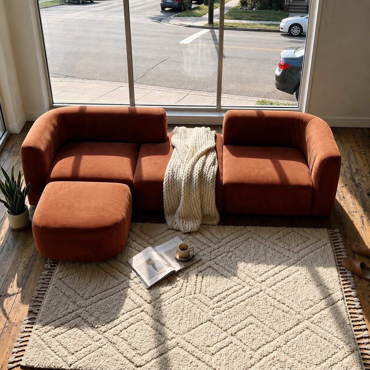 Acanva Luxury Modern Tight Curved Back Velvet Sofa, Minimalist Style Comfy Couch for Living Room Apartment, 4 Seater Modular Sectional, Tangerine