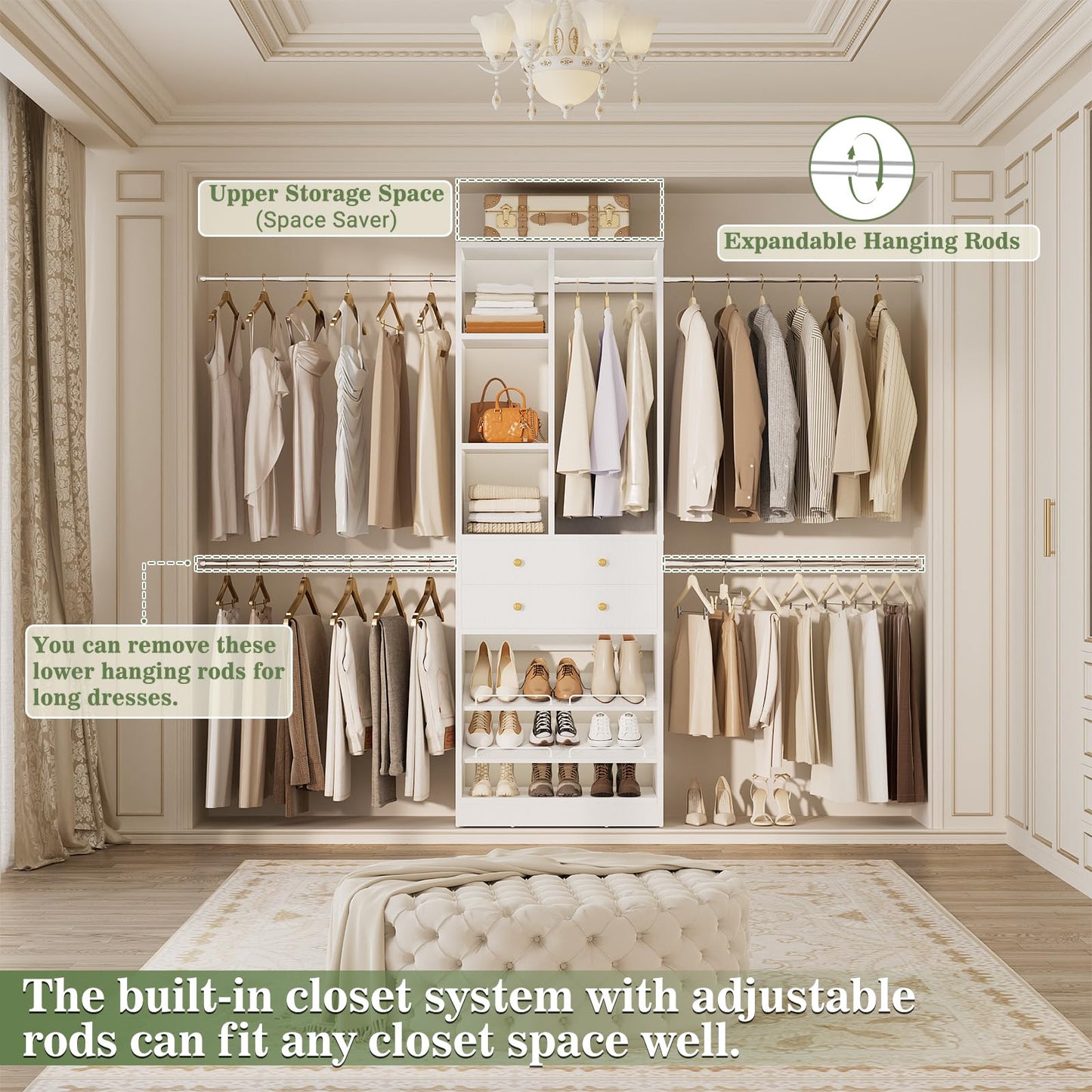 Besiost Closet System, 4.2–8.8 FT Closet Organizer with 2 Wooden Drawers and Shelves, Walk-in Closet System with 5 Hang Rods, Built-in Reach in Closet Tower, Can Fit 60 to 96 inch, White
