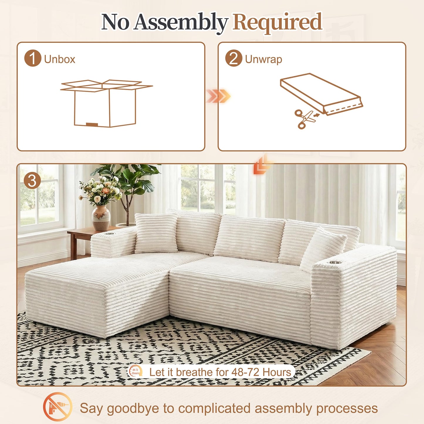 Vongrasig 103" Boneless Sectional Couches for Living Room, L-Shaped Chaise Modular Cloud Couch with Cup Holders on Armrests, Plush Corduroy Comfy Sofa with Memory Foam, No Assembly Required (Beige)