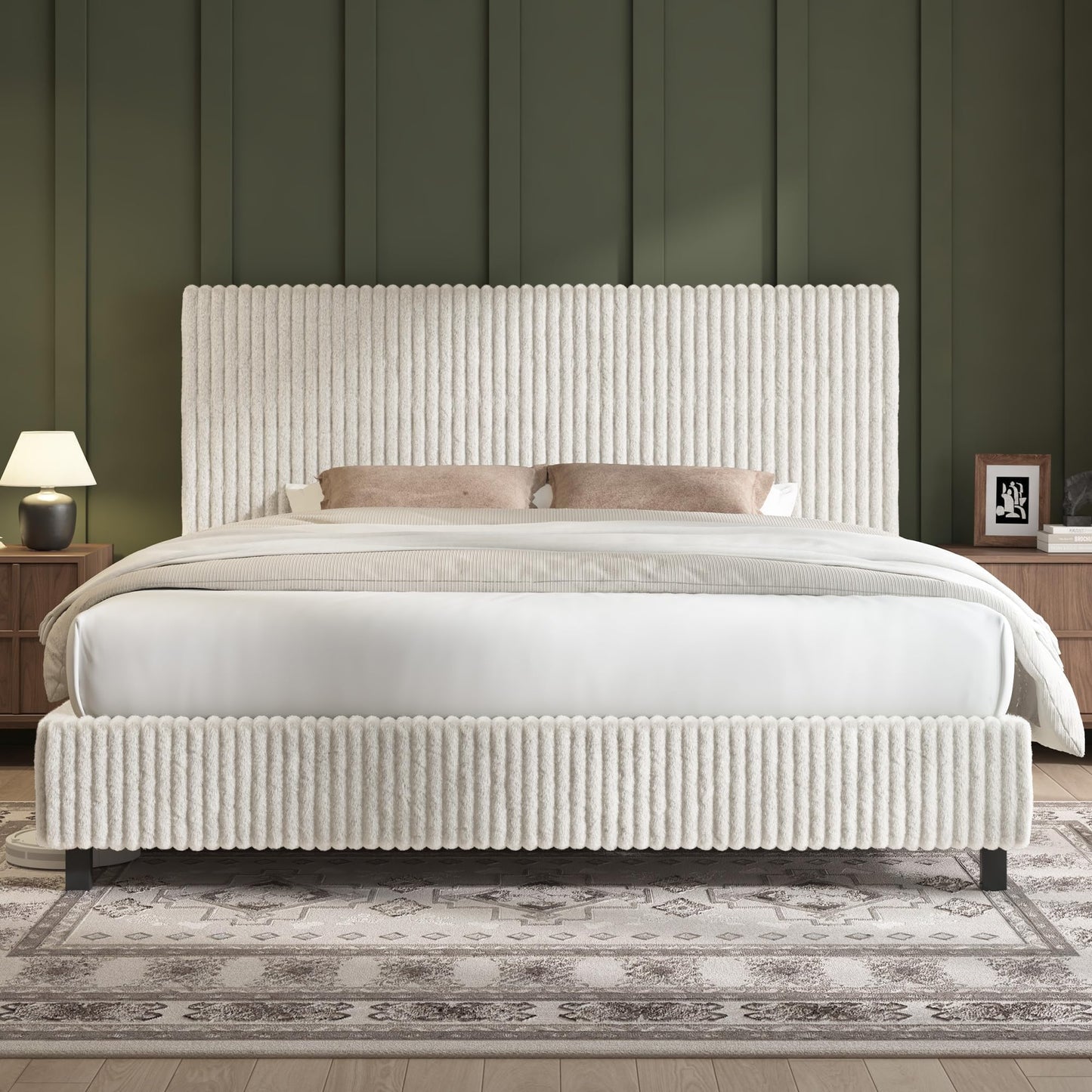 AMERLIFE King Bed Frame, Upholstered Metal Platform Bed with Vertical Channel Tufted Headboard, Soft Fabric & Strong Metal Slats, No Noise/Easy Assembly, White King Upholstered Bed and Headboard