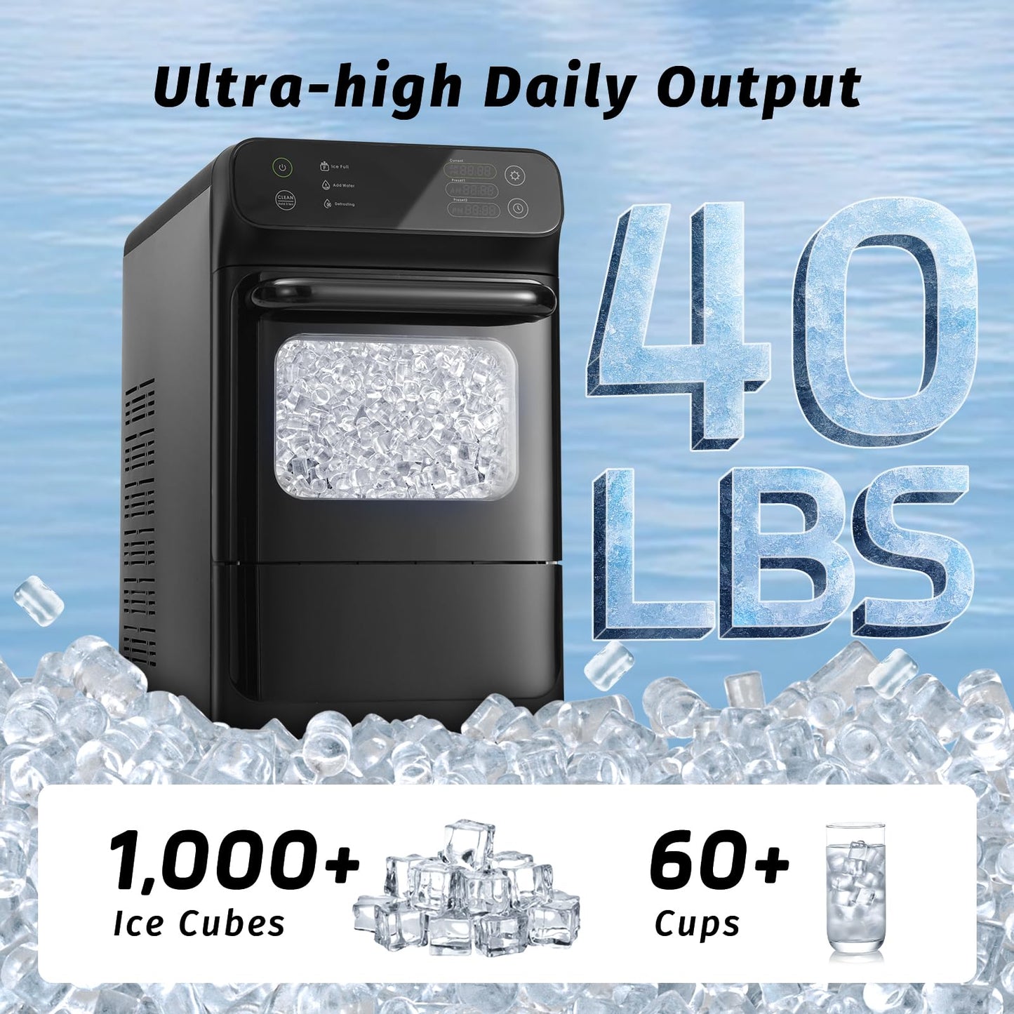 INOVIVA Nugget Ice Maker, 40 lbs/24H Soft & Chewable Nugget Ice Machine with 1.2-Gallon Tank, Automatic Water Refill, Preset Timer & Self-Cleaning, Countertop Pellet Ice Maker for Home & Kitchen