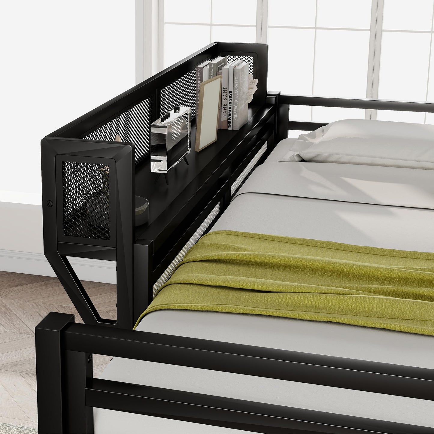 KEIKI Full Size Metal Loft Bed Frame with Ladder and Built-in Storage Shelves, for Teens, Modern Style Loft Bed with Solid Slats, Guardrail, No Box Spring Required, Easy Assembly, for Bedroom, Black
