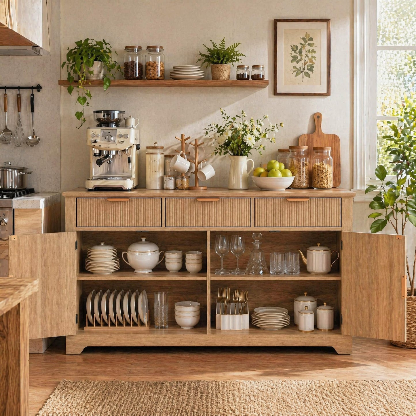 DWVO 59" Fluted Buffet Cabinet with Storage Natural Oak