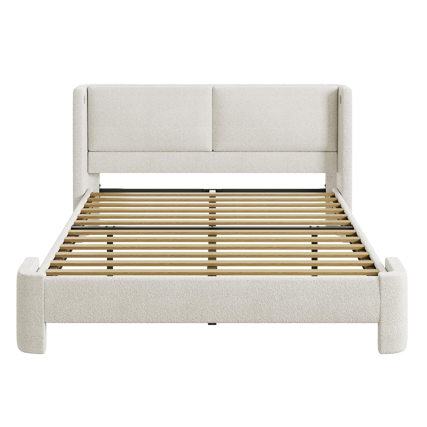 LIKIMIO Queen Bed Frame with Headboard, Upholstered Boucle Platform Bed with USB Ports, Base Camas Queen No Box Spring Needed, Cream White
