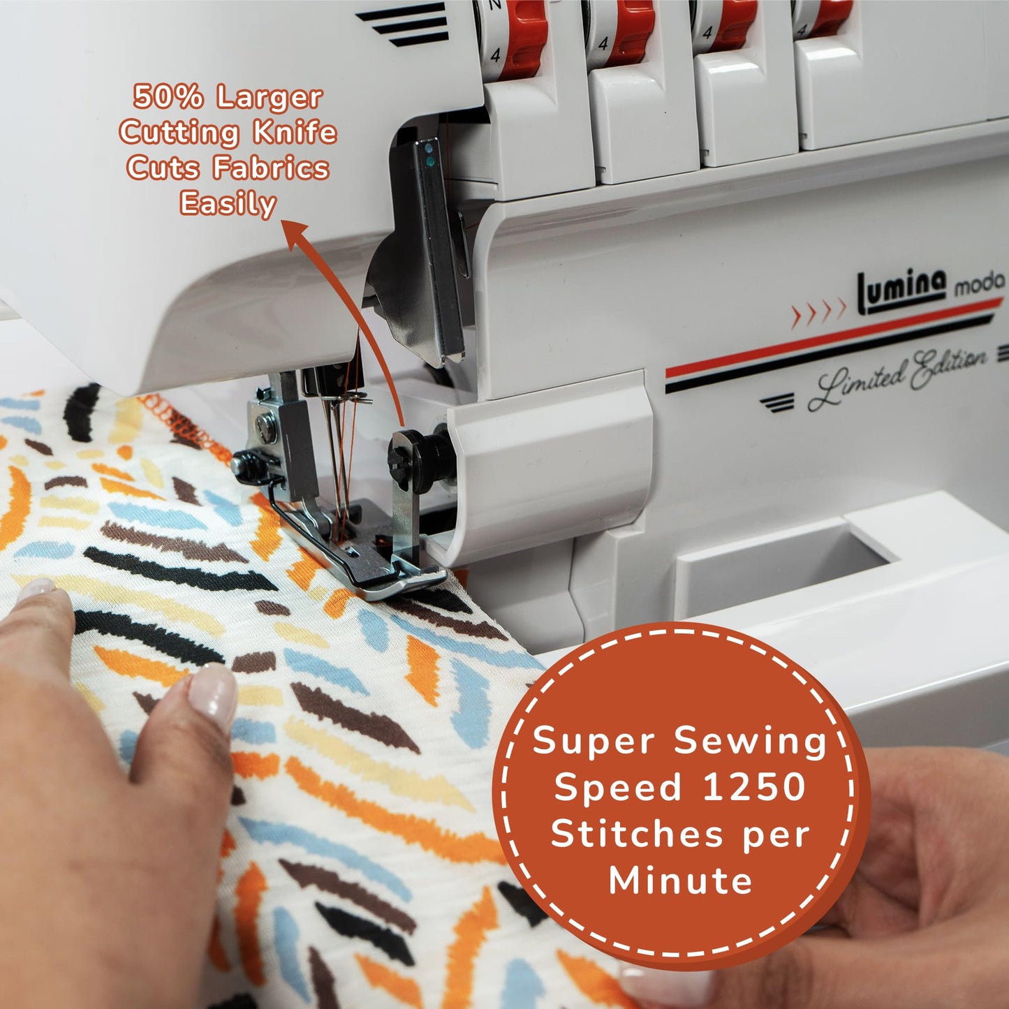 Lumina Moda Serger Overlock Machine with 2-3-4 Stitch Capability, Heavy-Duty Metal Frame 1250 Stitches/Minute, Differential Feed, Free Arm & LED Light