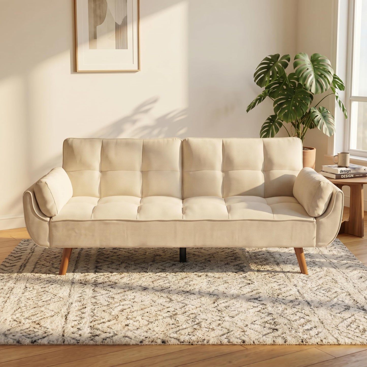 Trygoal Futon Sofa Bed, Velvet Futon Couch Bed with Adjustable Backrest, Convertible Sofa Beds with Pillow Top Arm, Small Couches for Small Spaces, Apartment, Bedroom, Living Room, White