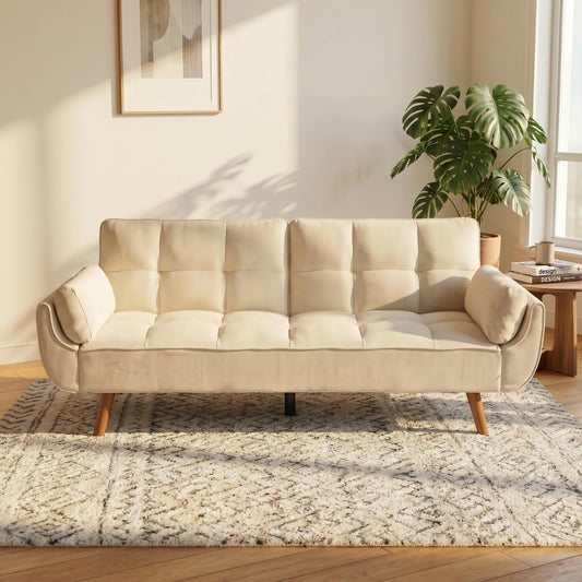 Trygoal Futon Sofa Bed, Velvet Futon Couch Bed with Adjustable Backrest, Convertible Sofa Beds with Pillow Top Arm, Small Couches for Small Spaces, Apartment, Bedroom, Living Room, White