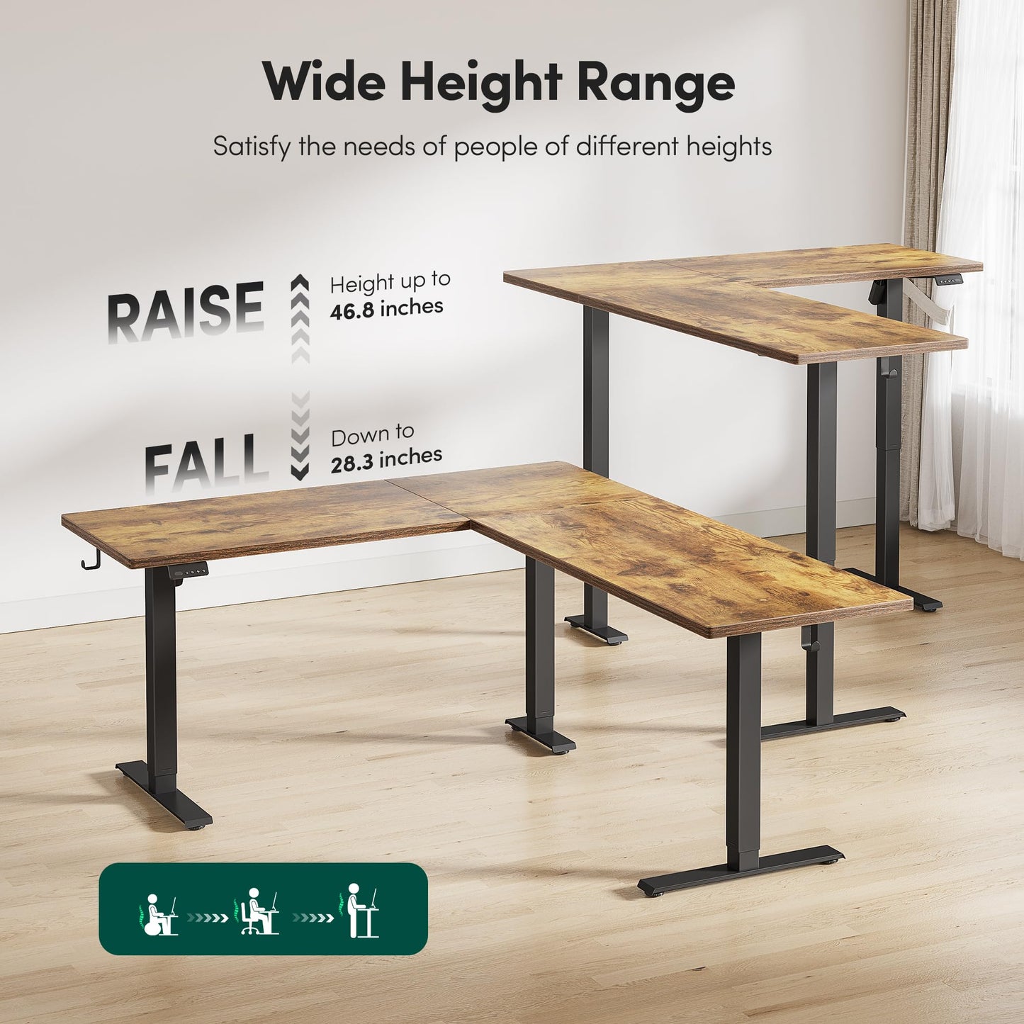 FEZIBO 63" L-Shaped Standing Desk - Adjustable Corner Desk L Shape, L-Shaped Adjustable Desk with Splice Board, L Shape Standing Desk, Rustic-Brown