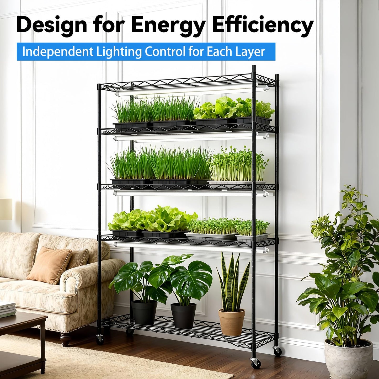 JESLED Indoor Greenhouse with Grow Light, 4FT Full Spectrum 5000K LED Light for Seed Starting, Tiered Lighting Control, Built-in Timer & Thermo-Hygrometer, Rolling Metal Plant Stand (47.2x13.8x70IN)