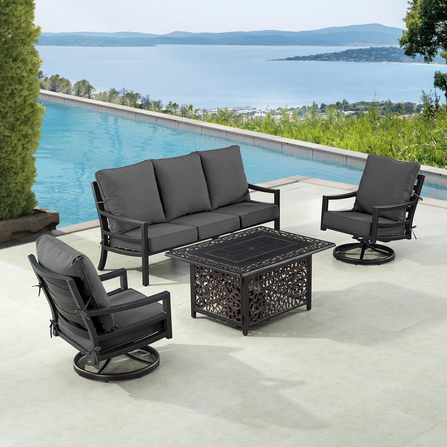 Oakland Living Black Aluminum Patio Fire Table Set with Deep Seating Sofa with Cushions and Two Club Chairs with Black Cushions