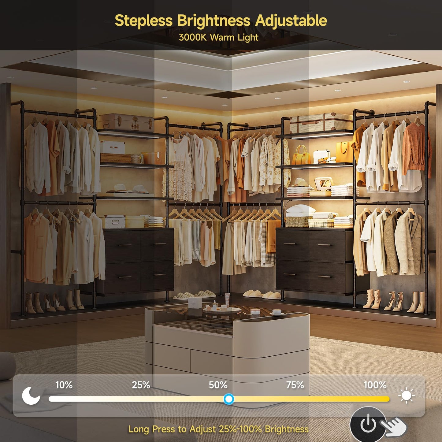 T3 Closet System with Stepless Dimmable LED Light, Industrial Pipe Clothing Rack with 4 Drawers, 6 Wooden Shelves & 4 Telescopic Rods, Heavy Duty Closet Organizers in Wardrobe Closet (Black)