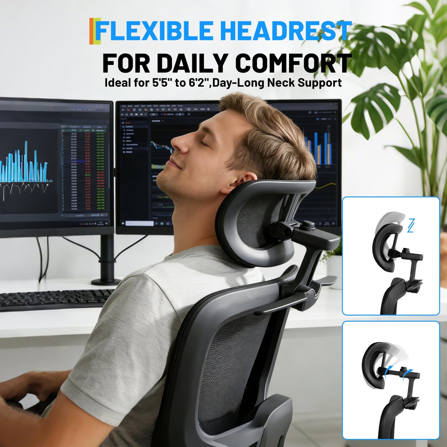 Garvee Ergonomic Mesh Office Chair, Adjustable Lumbar High Back Desk Chair 300lbs, 4D Flip-Up Arms, 3-Level Tilt Backrest, 3D Headrest, PU Wheels, Swivel Rolling Computer Seating for Long Desk Work
