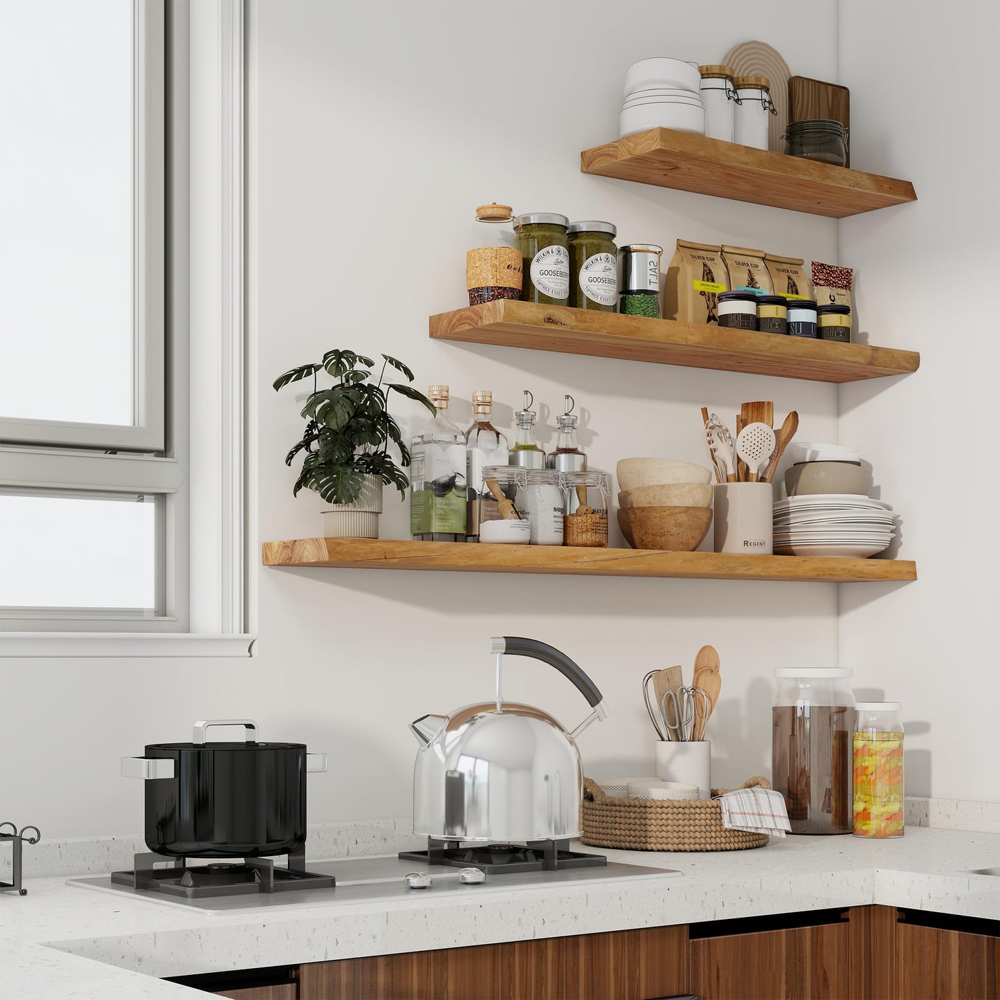 Axeman 72 inch Extra Long Floating Shelves for Wall - 8'' D Live Edge Rustic Solid Elm Wood Floating Shelves Wall Mounted, Wall Shelves with Invisible Bracket for Living Room Bedroom Kitchen, Natural