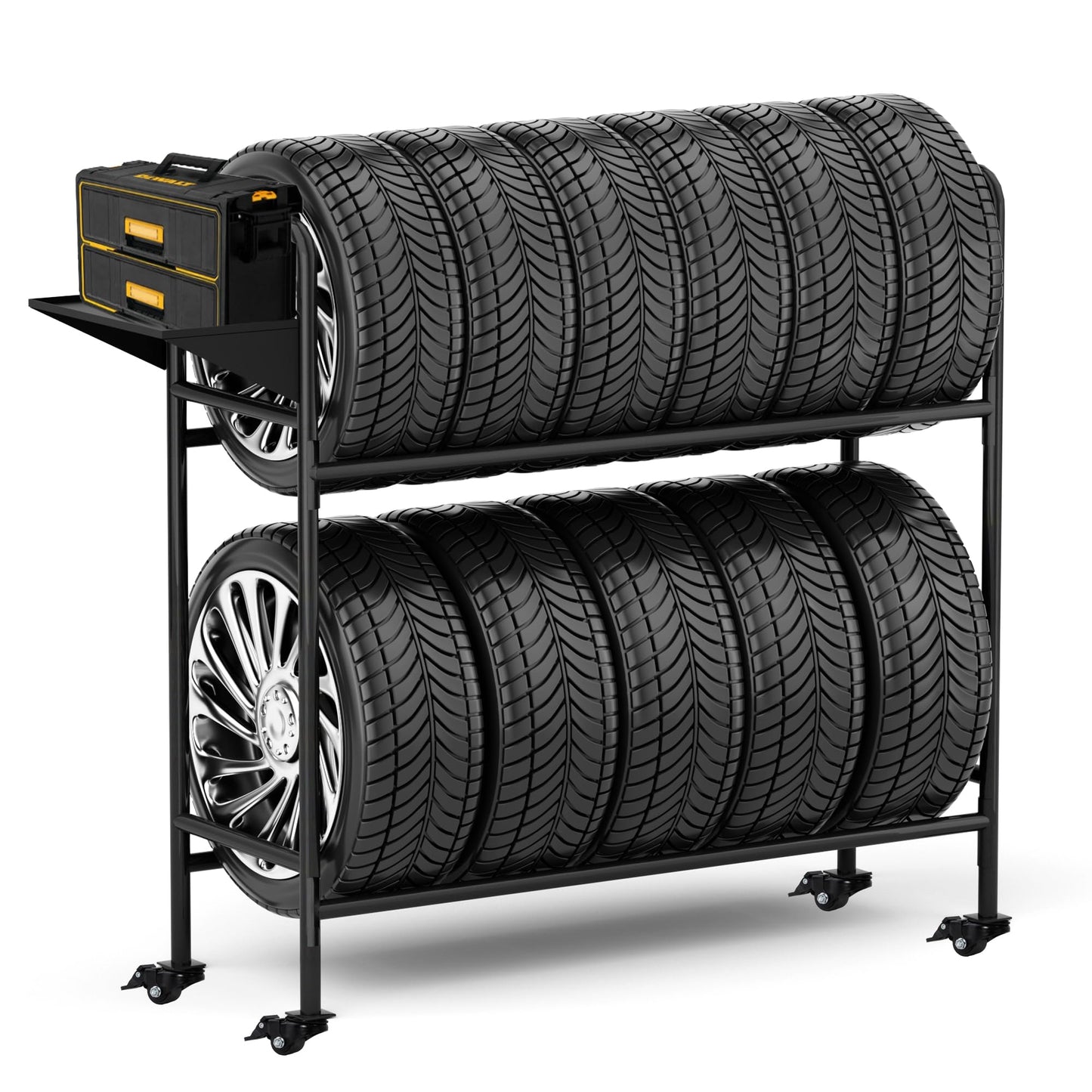 NouraVita Adjustable Rolling Tire Rack for Garage, Heavy-Duty 660LBS Capacity Tire Storage Stand with 4 Self-Locking Casters & Tool Shelf, 59" H x 59" W x 21" D