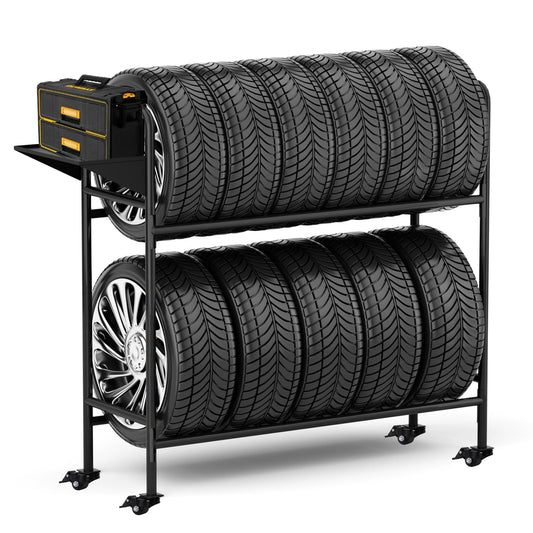 NouraVita Adjustable Rolling Tire Rack for Garage, Heavy-Duty 660LBS Capacity Tire Storage Stand with 4 Self-Locking Casters & Tool Shelf, 59" H x 59" W x 21" D