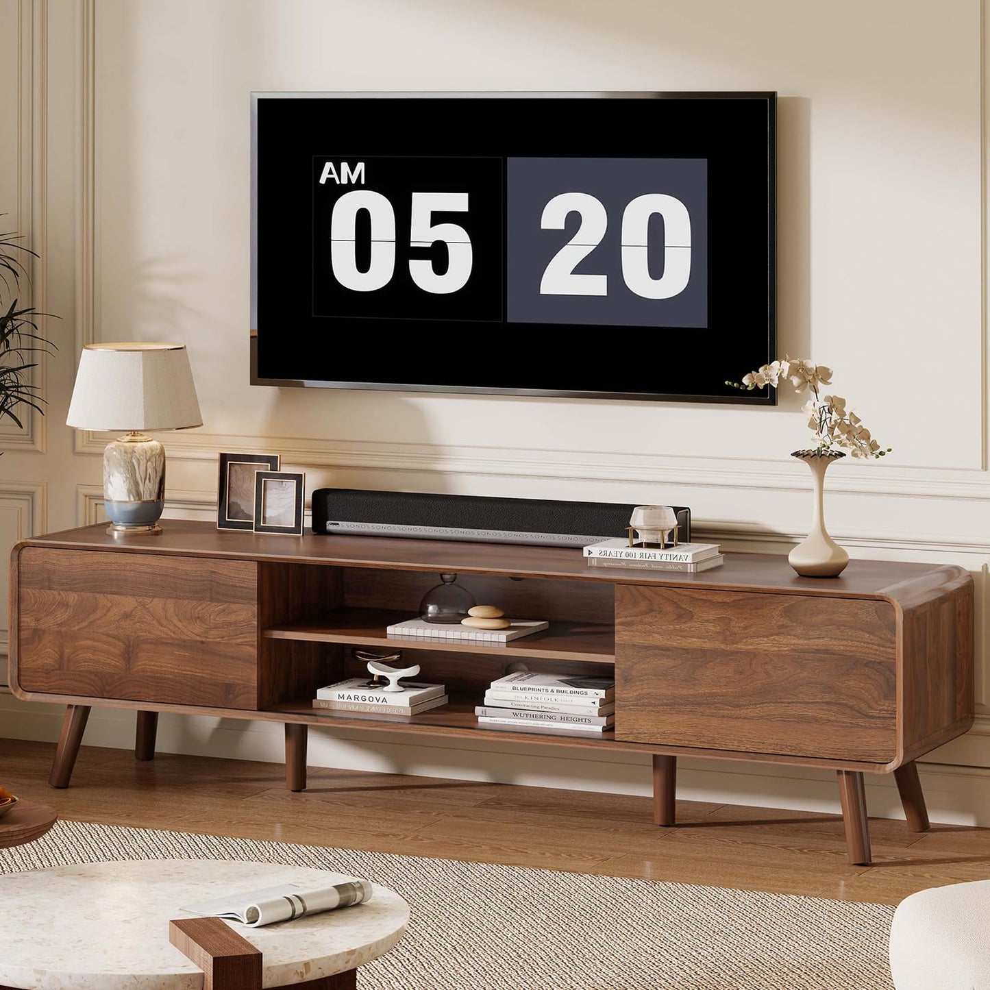 Nasonet 70" Mid Century Modern TV Stand for Tvs up to 80", Entertainment Center with Storage, Sideboard Media Console for Living Room with 2 Sliding Door/Adjustable Shelves, Walnut