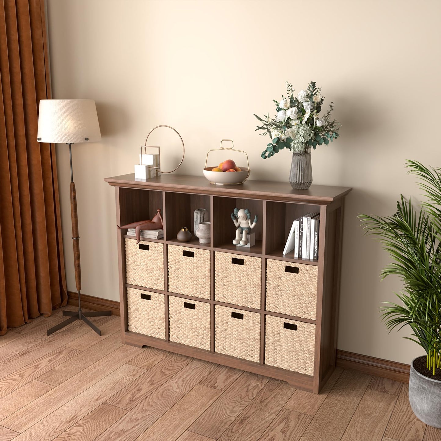 OSCHF Cube Shelf Bookcase with Base - Wooden 3 Tiers Floor Standing Low Storage Cabinet for Home and Office, 12-Cube Lattice Bookshelf, Walnut