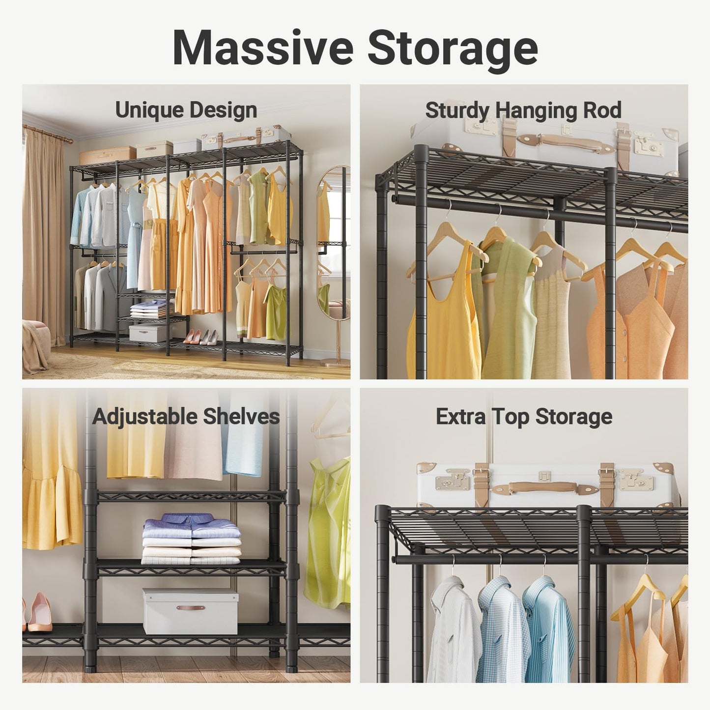 VIPEK V40 Heavy Duty Clothes Rack, 1110lbs Capacity Sturdy Metal Garment Rack, Clothing Rack with 6 Shelves & 4 Hang Rods, Adjustable Open Wardrobe Closet Organizer for Bedroom/Apartment/Retail, Black