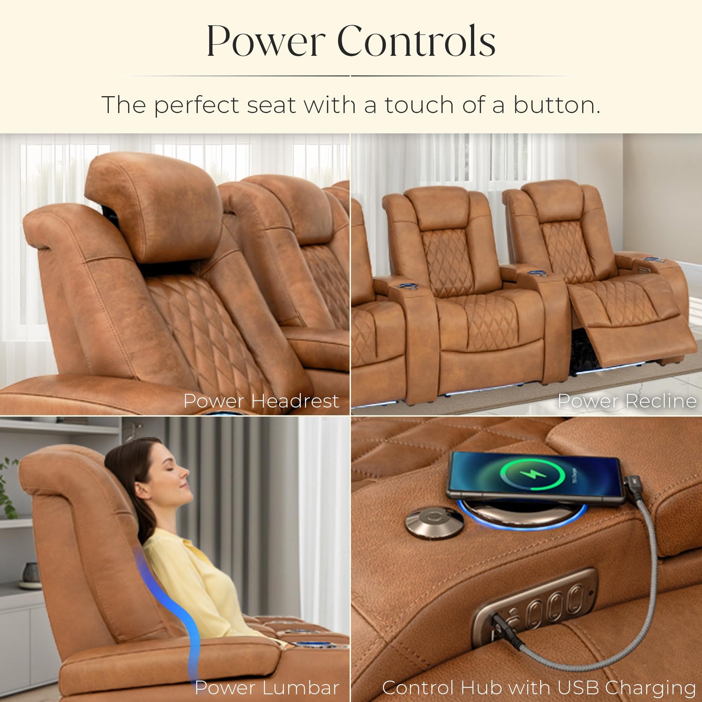 Seatcraft Virtuoso LT Zero-Gravity HeatZero Italian Leather Home Theater Seating, Heat & Massage, Power Headrest, Power Recline, Single Recliner, Tawny
