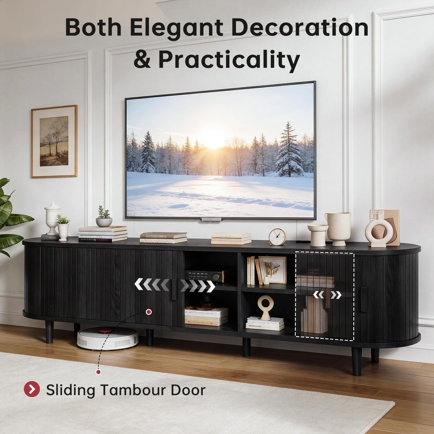 OneBlis 70" Mid Century Modern TV Stand, Wood TV Consoles with Sliding Doors and Power Outlet, Fluted Entertainment Center with Adjustable Shelves, Media Console for Living Room, Black
