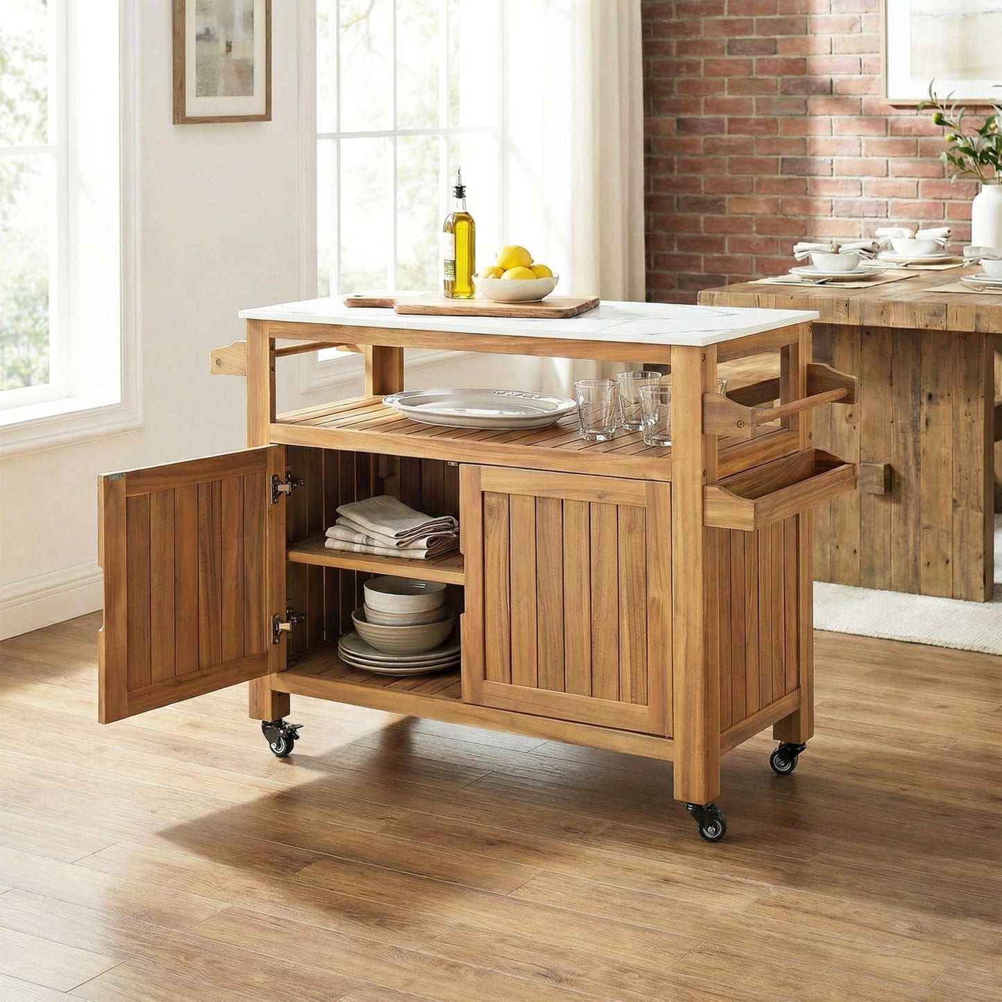 Christopher Knight Home Shina Outdoor Bar Cart with Marble-Effect Top and Lockable Wheels, Acacia Wood Outdoor Storage Cabinet with Three-Tier Slatted Shelves, Kitchen Island Serving Cart, Natural