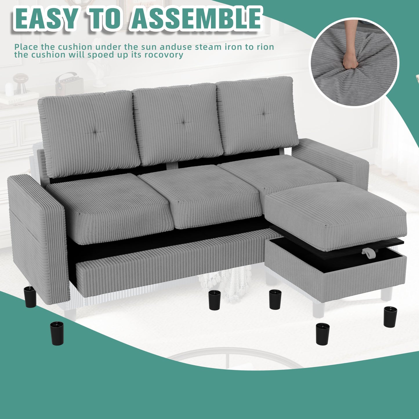 SUNLEI Convertible Sectional Sofa for Small Spaces, L Shaped Modular Sofa with Reversible Chaise & Ottoman Storage, 3 Seat Modern Small Couches for Living Room in Apartment, Linen Fabric, Greige