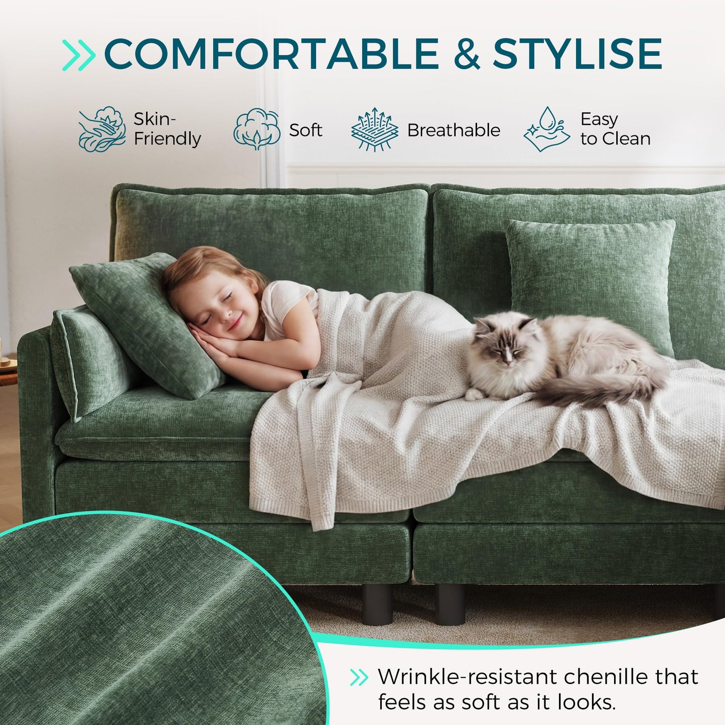 LINSY HOME 98'' Modular Sectional Sofa 3 Seat Couch Chenille Cloud Couch with Deep Seat, U Shaped Couch with 2 Movable Ottoman for Living Room, Office, Bedroom, Green(Pillows Included)