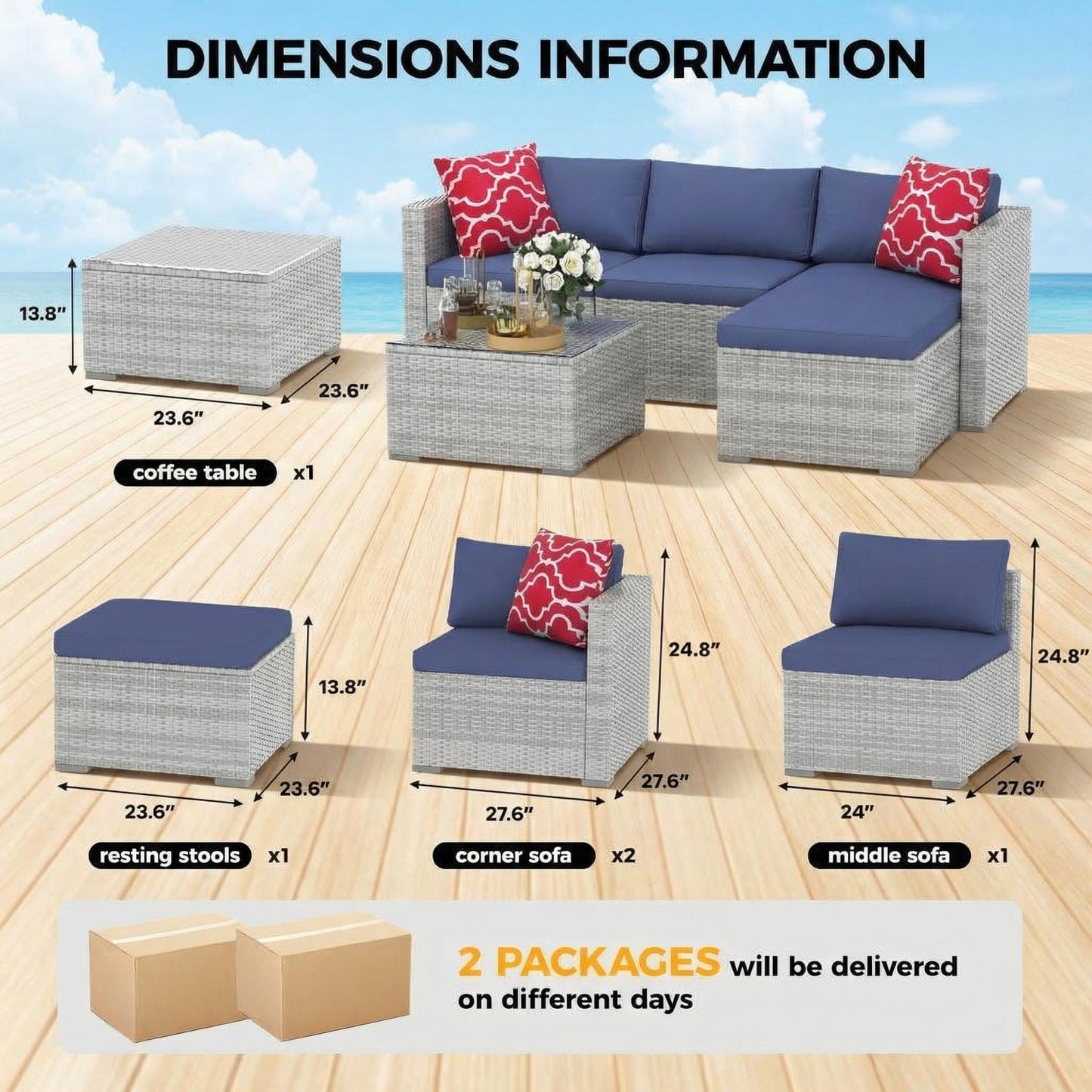 5-Piece L-Shaped Outdoor Patio Furniture Set,PE Wicker Sectional Sofa Set with Cushions and Tempered Glass Table,Steel Frame Conversation Set for Backyard,Poolside Gray Gradient Wicker / Blue Cushions