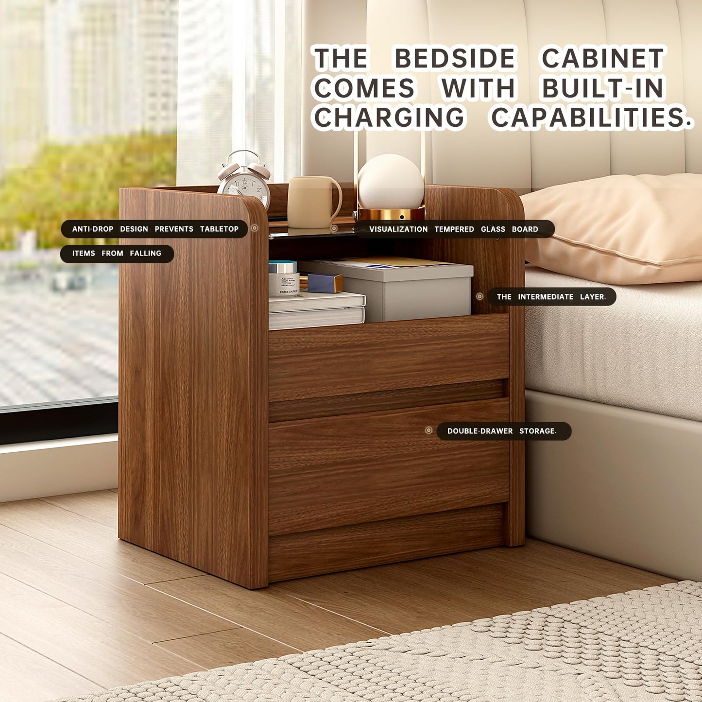 Messenya Modern Nightstand for Bedrooms, 20" Wide w/Charging Station & Curved Anti-Collision Design, Mid-Century Storage Cabinet w/Pre-Embedded Slots, Reinforced Panel Construction (1)