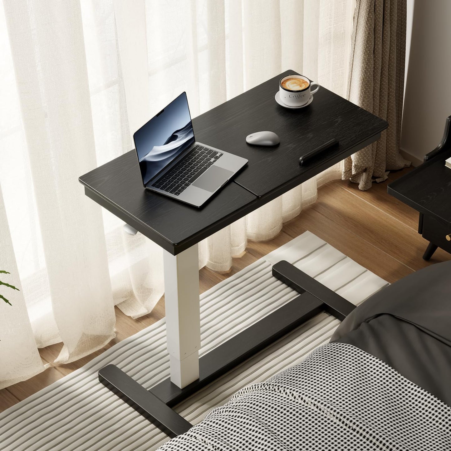 Muwuele Solid Wood Overbed Bedside Table with Wheels,Tilt Top Hospital Bed Table Adjustable Over the Bed,Rolling Bed Desk for Hospital and Home Use (Black)