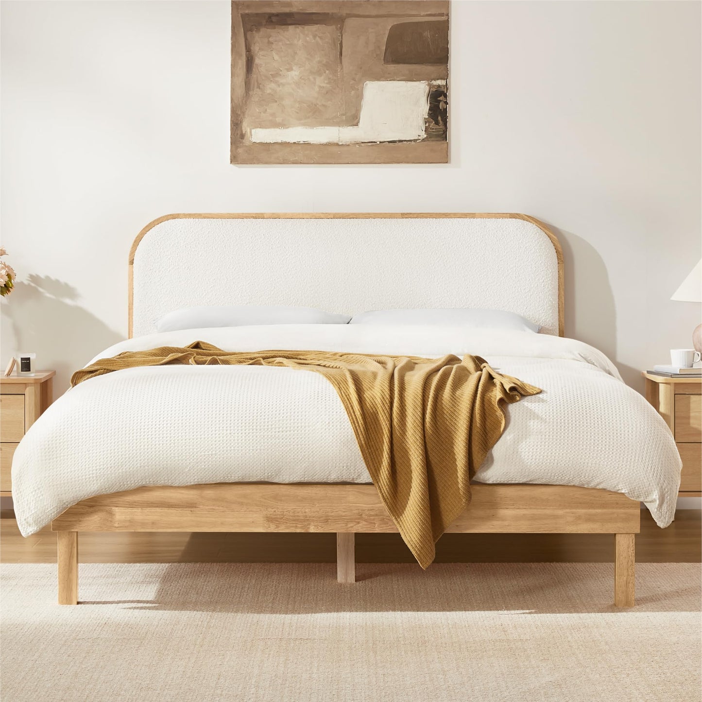 KISLOT Wood Bed Frame with Upholstered Headboard, Mid-Century Boucle Fabric Platform Modern Bed Mattress Foundation Noise-Free No Box Spring Needed Easy Assembly