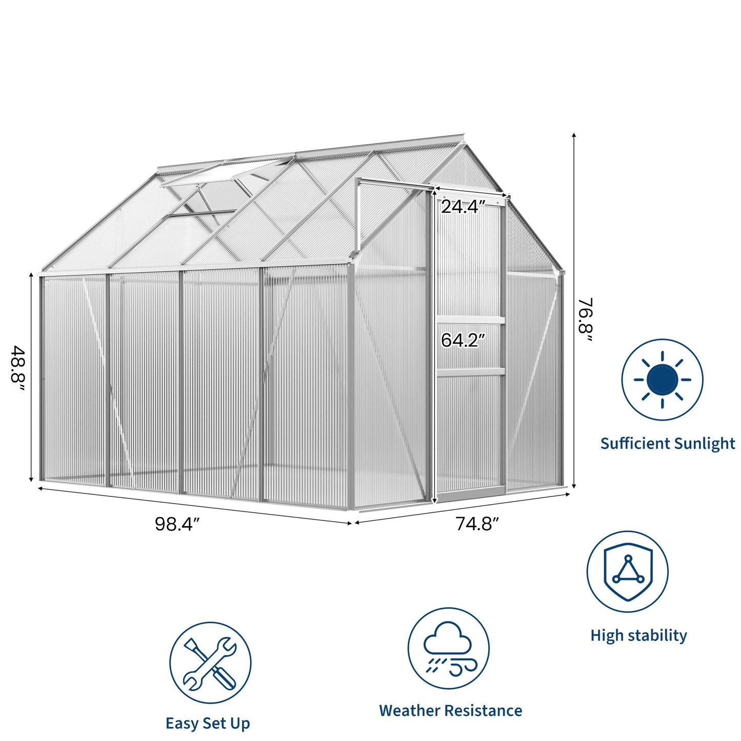 GarveeHome 6x8FT Greenhouse, Large Walk-in Polycarbonate Greenhouse with Adjustable Vent Window, Sliding Door, Portable Green House Kit for Outdoors, Winter