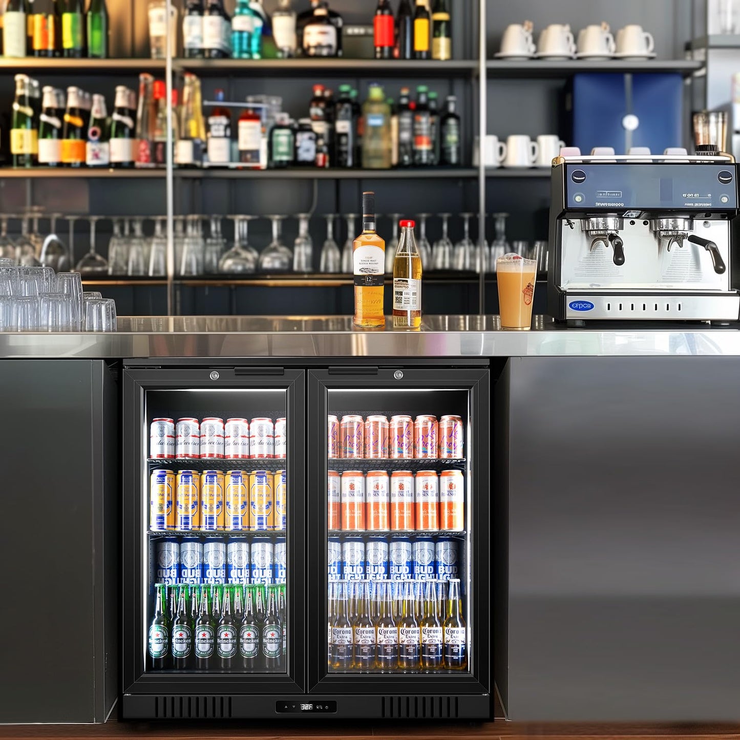 Tylza Back Bar Cooler With 2 Glass Doors, 7.2 Cu.Ft Under Counter Back Bar Refrigerator with LED Lighting, Safety Locks, Counter Height Bar Beverage Cooler for Beer, Soda Drinks, Wine, Black
