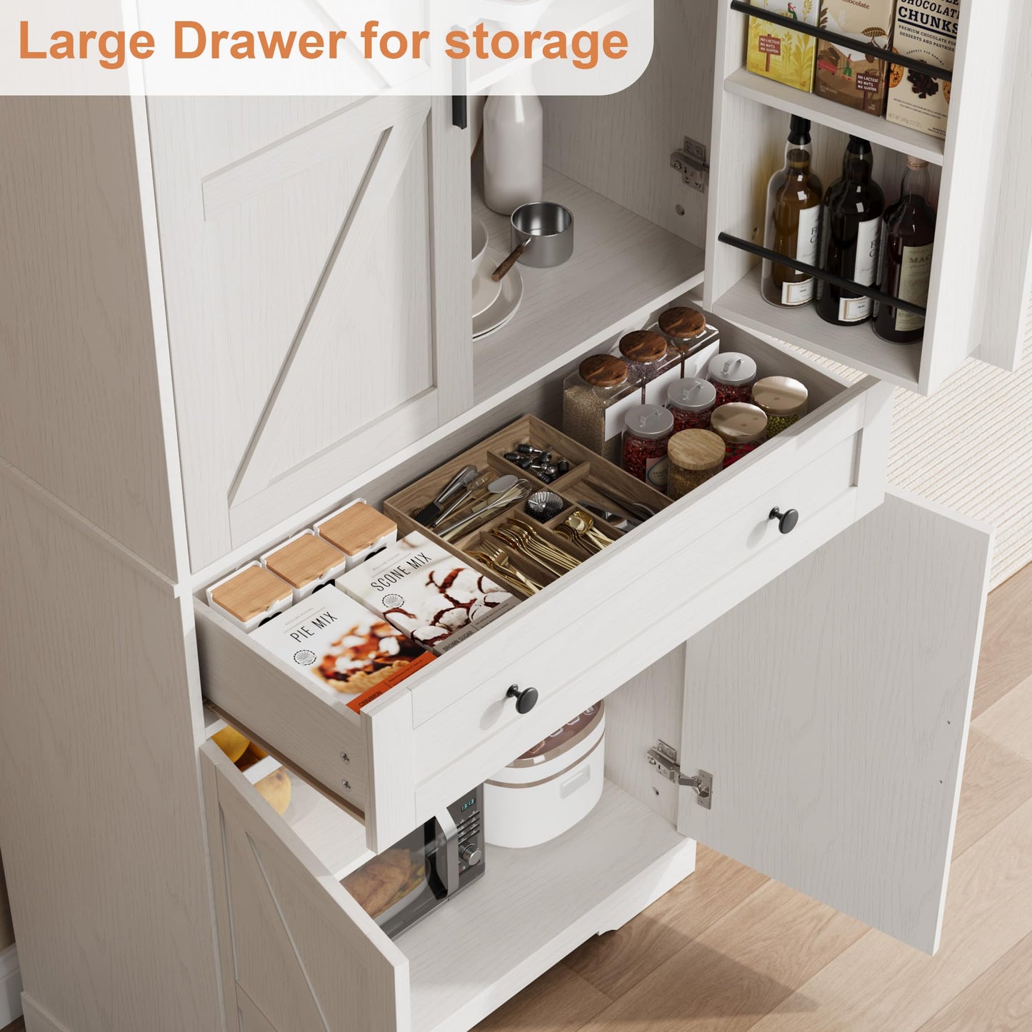 Garvee 71" Kitchen Pantry Cabinet, Barn Door Freestanding Cupboard with Drawer, Sliding Storage Rack, and 6 Hanging Shelves for Kitchen, Dining Room, Living Room Bedroom
