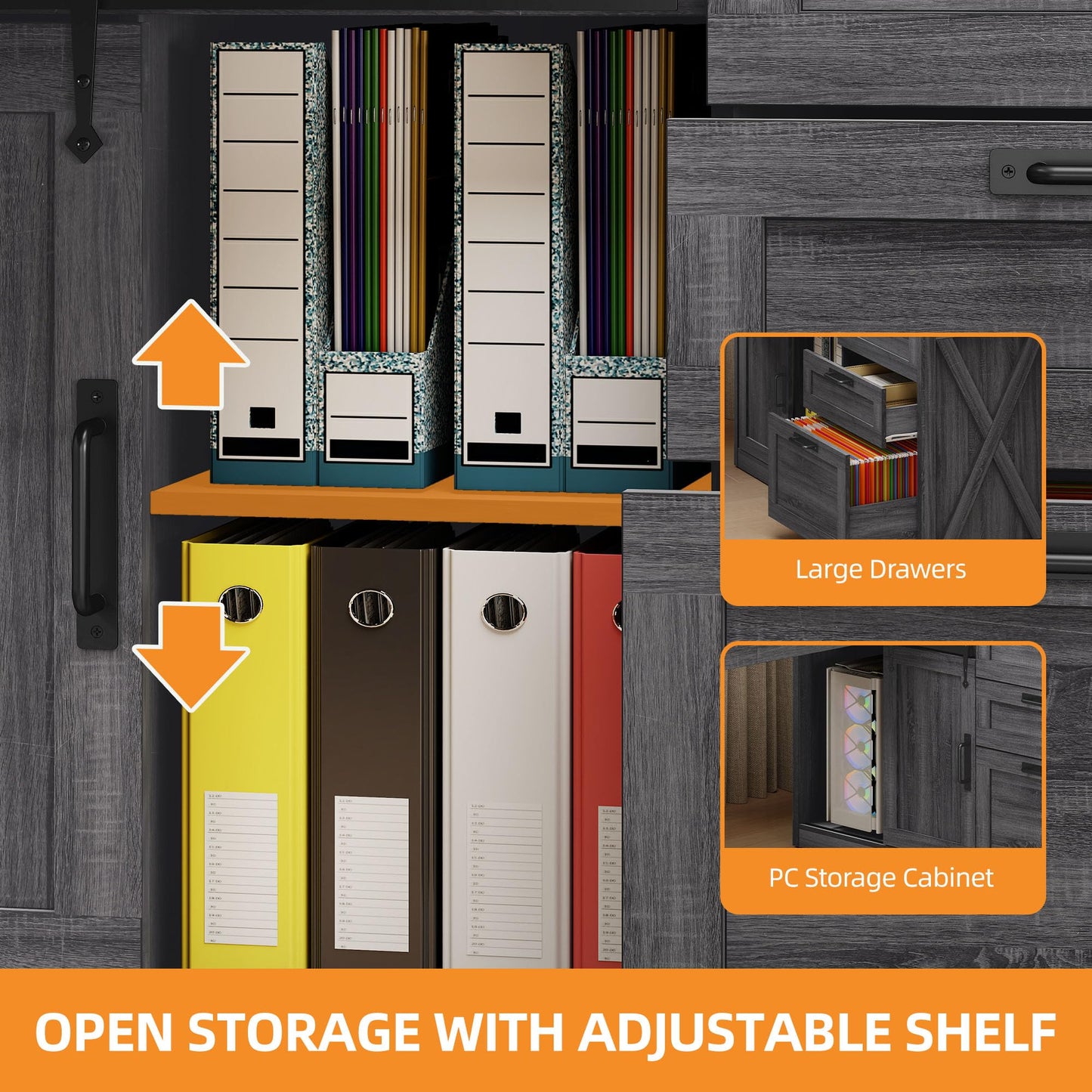 Meowloday 78'' Farmhouse L Shaped Desk, Large Home Office Desk with File Drawer and Charging Station, Computer Corner Desks with Sliding Barn Door & Storage Cabinet for Office Home, Bedroom, Grey