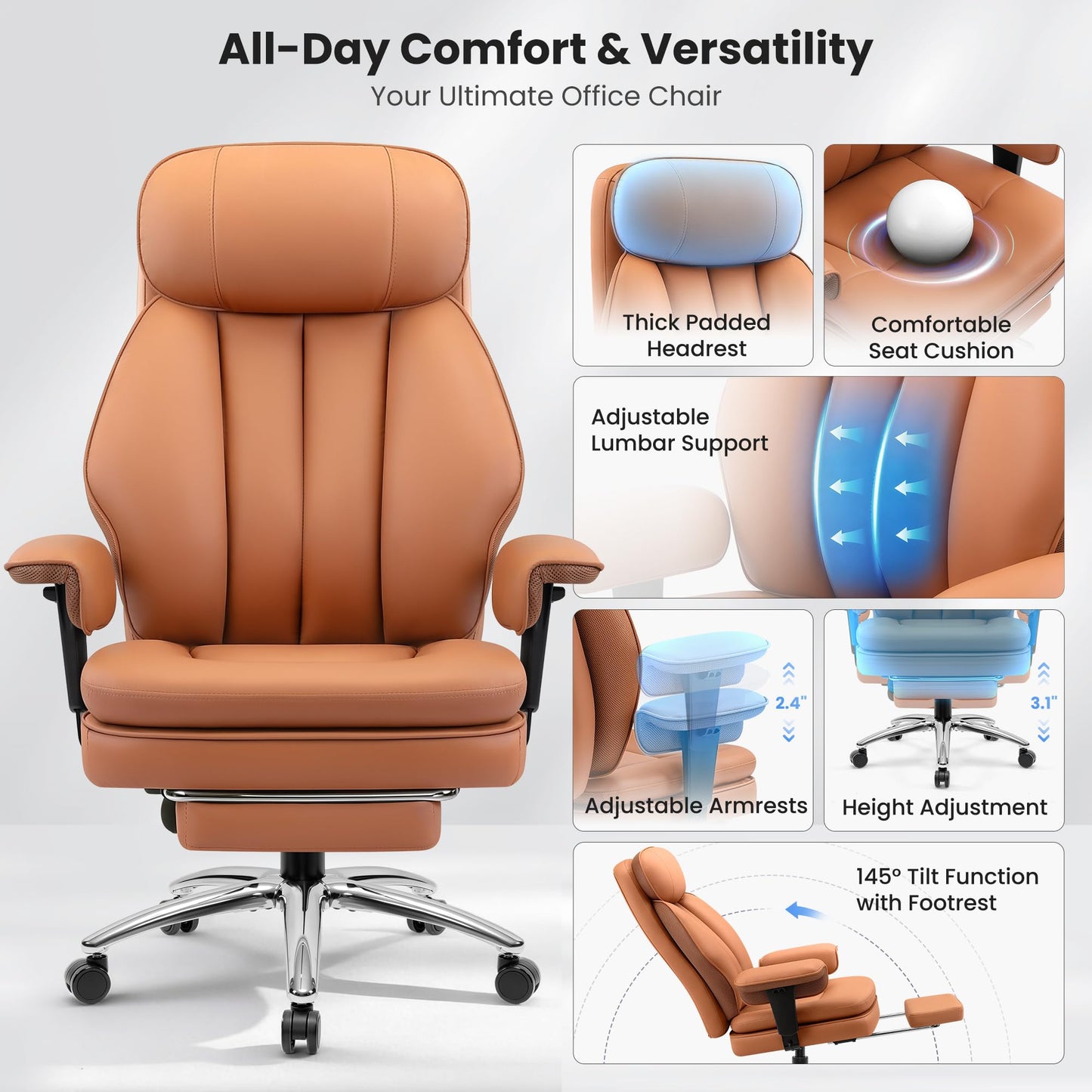 BestGlory Office Desk Chair with Inflatable Lumbar Support, Ergonomic Office Chair [Upgraded Double-Layer Cushion & Footrest], 400 LBS Big and Tall Computer Desk Chair for Home Office Gaming, Brown