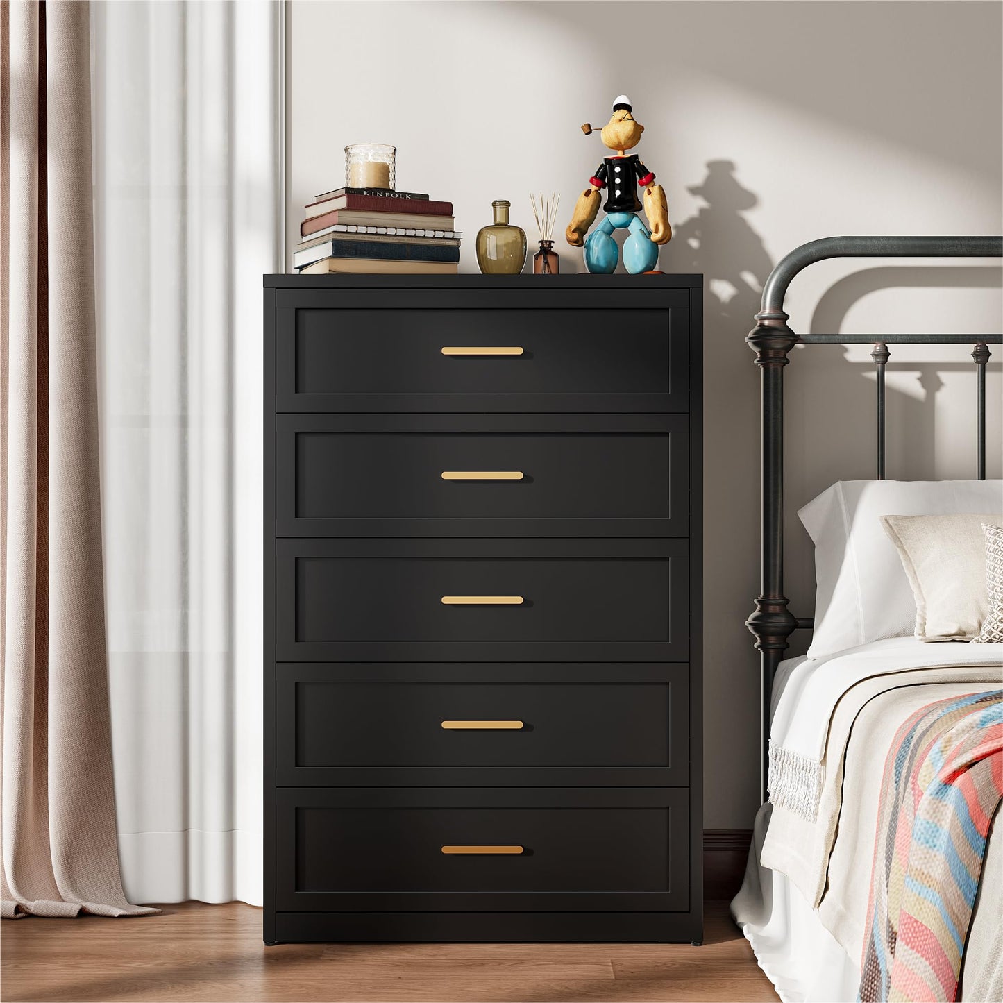 Black Metal Dresser with 5 Drawer, Tall Dressers for Bedroom, 48" Tall Modern Chest of Drawers, Steel Large Dresser Clothing Storage Organizer Deep Drawers for Closet, Living Room, Hallway