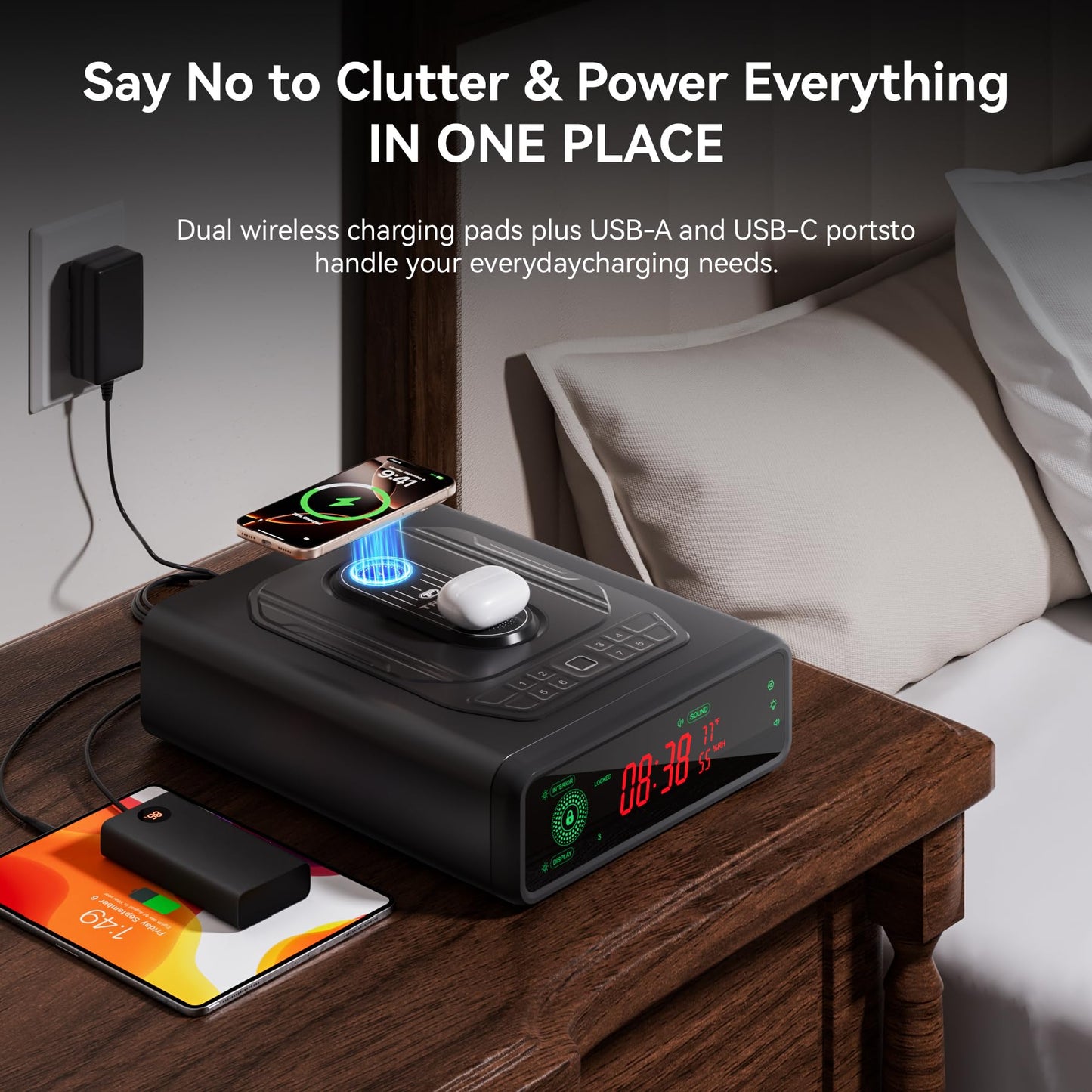 TRRKO Biometric Gun Safe for Handgun, 0.3s Auto-Open,Silent,Wireless Charging, 3-Way Unlock Fingerprint Pistol Safe, Fits 2 Full Size Pistols – Smart Handgun Safe for Nightstand/Bedside/Home/Office