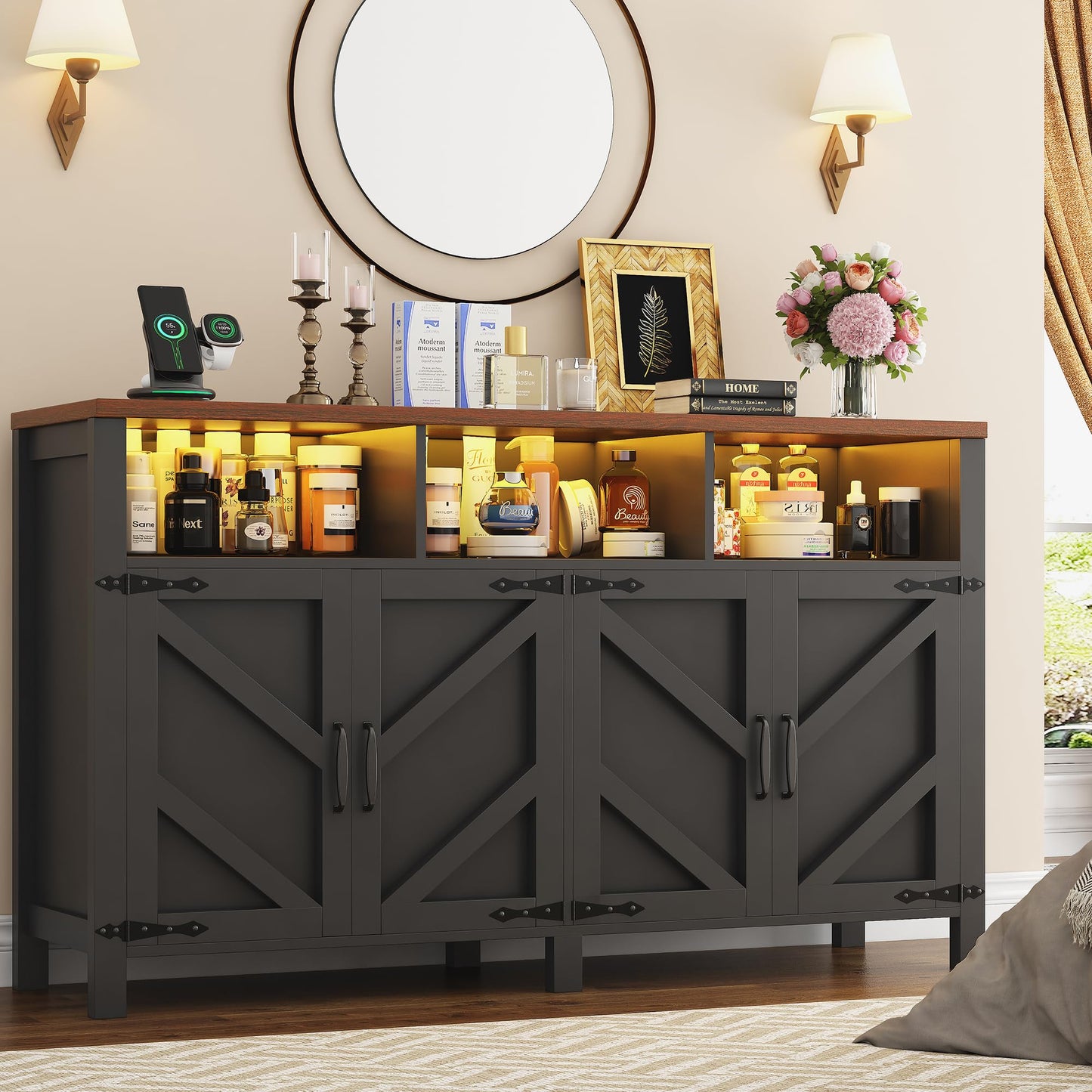 knoworld Buffet Sideboard with Storage with Power Outlets & LED Light 4 Doors, 55'' Large Farmhouse Kitchen Storage Cabinet Wood Coffee Bar Cabinet Buffet Table for Kitchen, Dining Room, Entryway