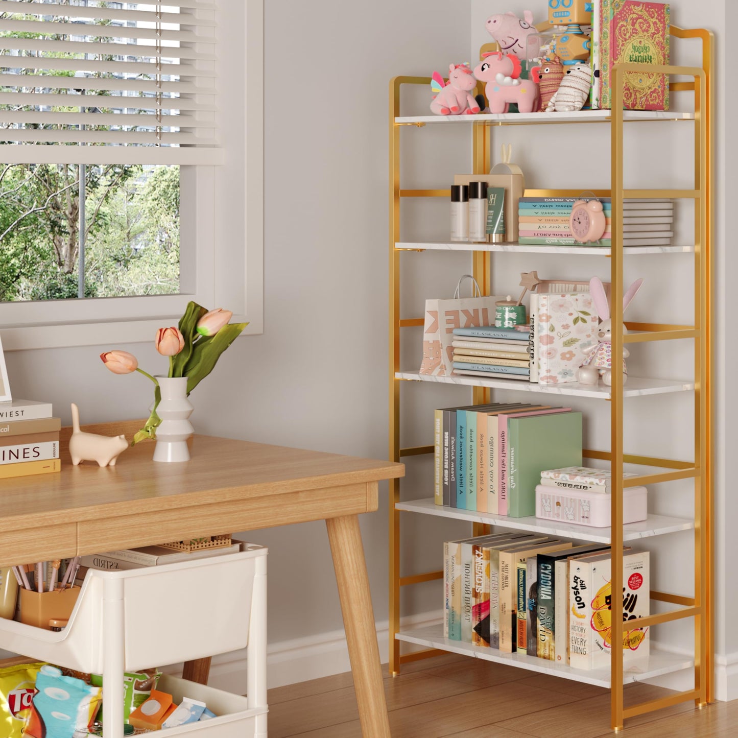 JSB 5 Tier No Assembly Folding Bookshelf, Arched Bookshelf, Foldable Bookcase for Living Room, Bedroom, Office,Skinny Bookshelf (White and Gold)