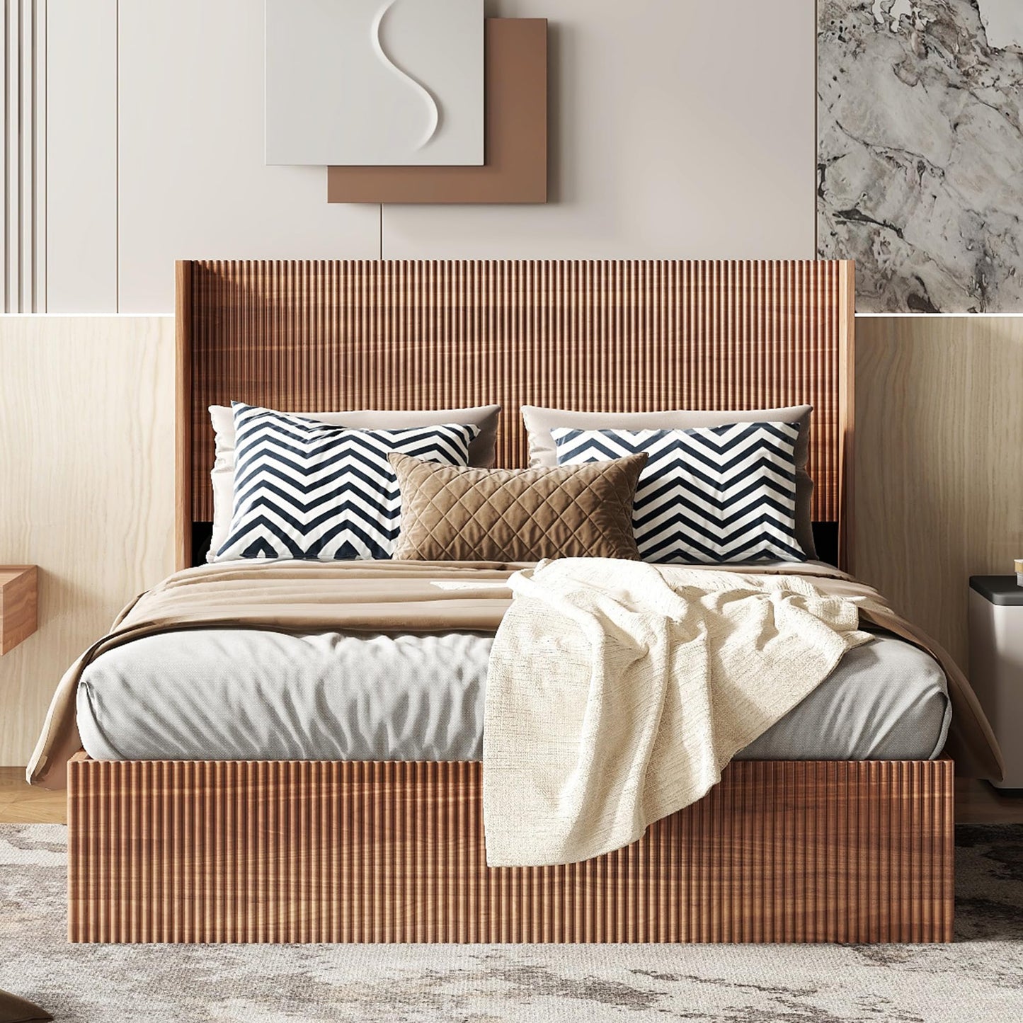 Ball & Cast Queen Size Lift Up Storage Bed Frame with Wingback Headboard,Wooden Grooved Undulating Platform Bed Frame Queen with Hydraulic Storage,No Box Spring Needed,Rustic Brown