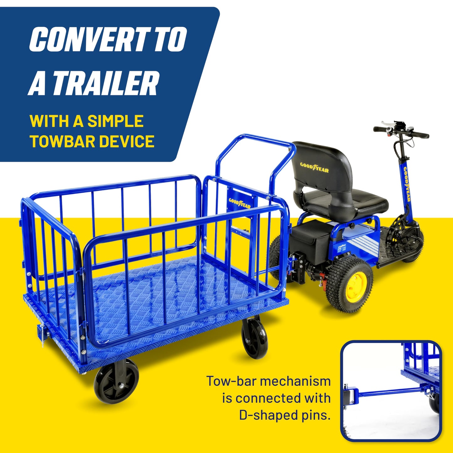 Goodyear Cargo Trailer Heavy-Duty, Utility Cart - 1200 lbs Capacity with Hitch, 8" Casters, Compatible with Electric Tugger Cart