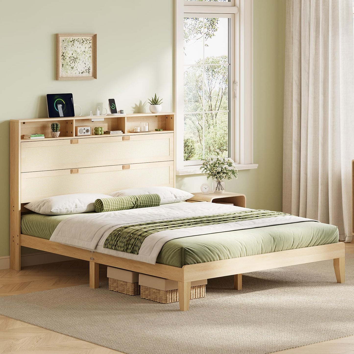 VINGLI Boho Queen Bed Frame with Shelves, Rattan Platform Bed with Storage Headboard and Charging Station, Modern Wood Bed Frame,No Box Spring Needed, Space Saving Design for Bedroom