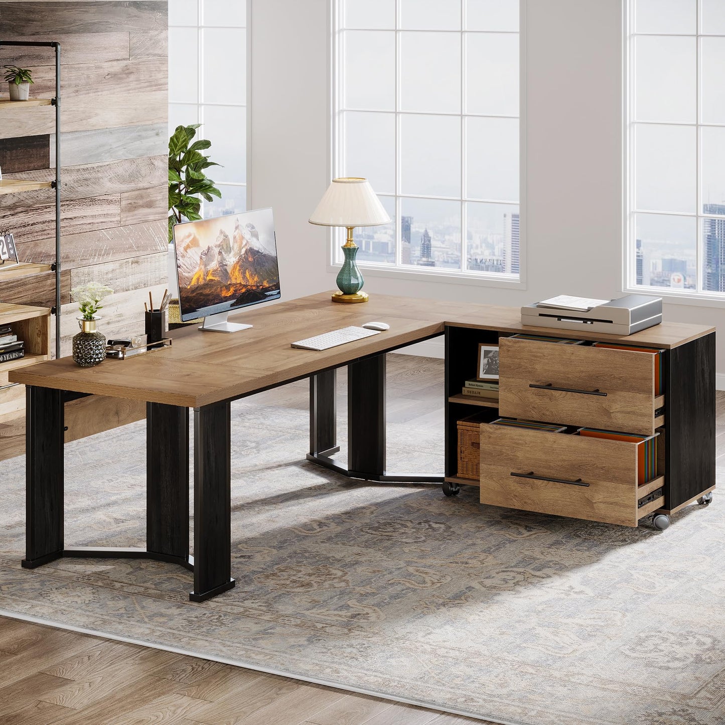 Tribesigns 70.86" Executive Desk with Mobile File Cabinet, Large L Shaped Computer Office Desk with 2 Drawers and Storage Shelves, Business Furniture Desk Workstation for Home Office (Light Brown)