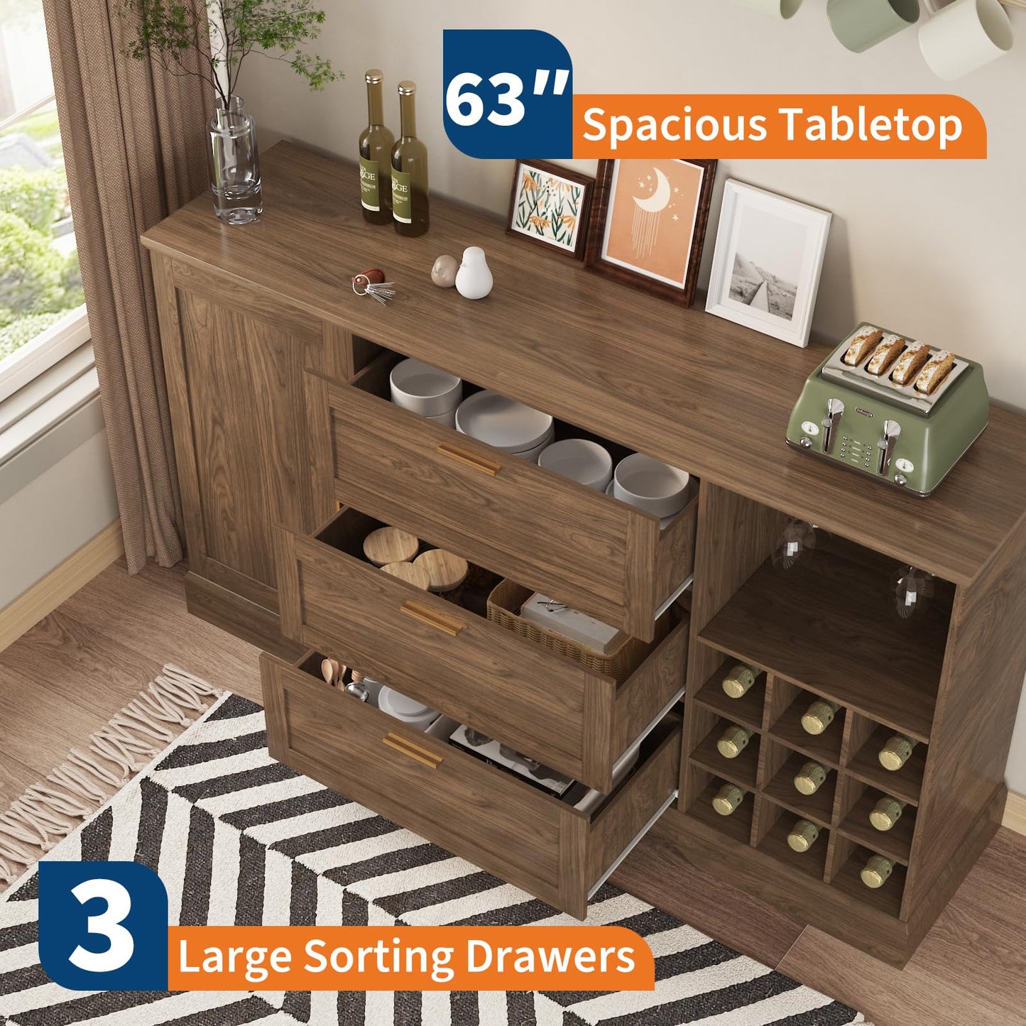 63 Inch Farmhouse Sideboard Buffet Cabinet with 3 Drawers & Wine Rack, Kitchen Coffee Bar with Adjustable Shelves & Door, Versatile Storage Console for Kitchen, Entryway & Dining Room Rustic Walnut